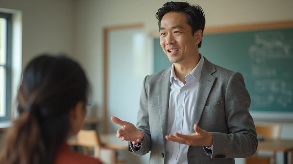 Teacher presenting concepts to engaged student in modern classroom setting