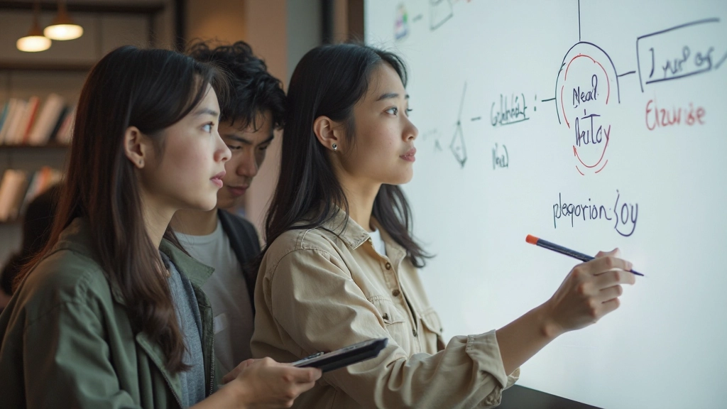Students collaborating on whiteboard with problem-solving sketches and notes in focused study session