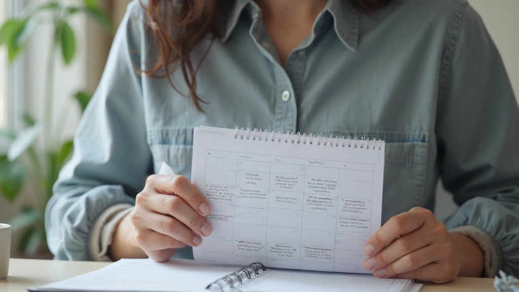 Person reviewing study schedule on calendar with marked study sessions and goals highlighted