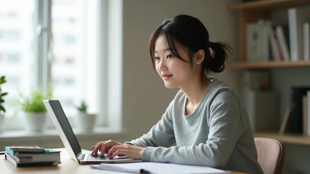 Student in a well-lit study space with proper desk setup, ergonomic chair, and organized learning materials