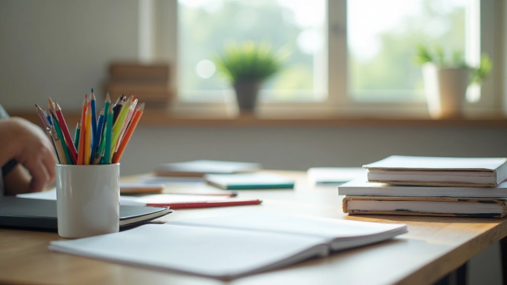 Organized study desk with color-coded notes, textbooks, and study materials arranged systematically