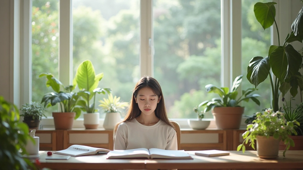 Comfortable study environment with open window, plants for air quality, and balanced temperature indicated by thermostat