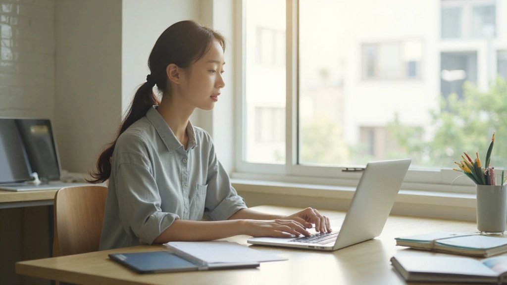 Bright study workspace bathed in natural daylight from large window, showing proper desk positioning and balanced lighting