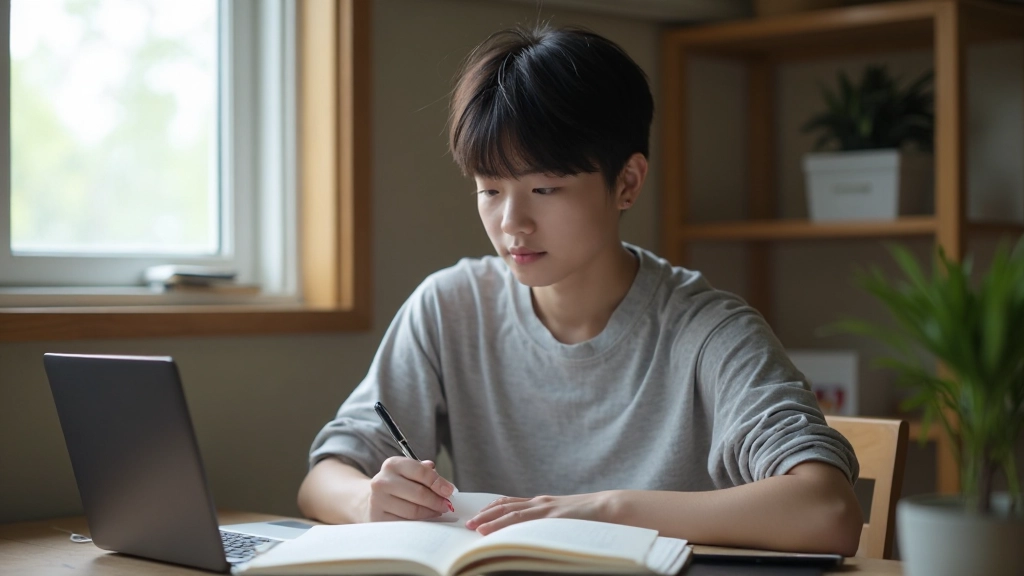 Student studying at desk with notebook and laptop in bright natural lighting